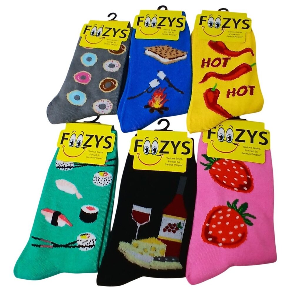 Foozys 6 Pair Foodie Sock Bundle  Women Banana Suchi Strawberry Wine Pepper NOT